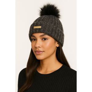 bebe Women’s Marled Knit Beanie Hat Black Pom Pom Logo Plate One Size